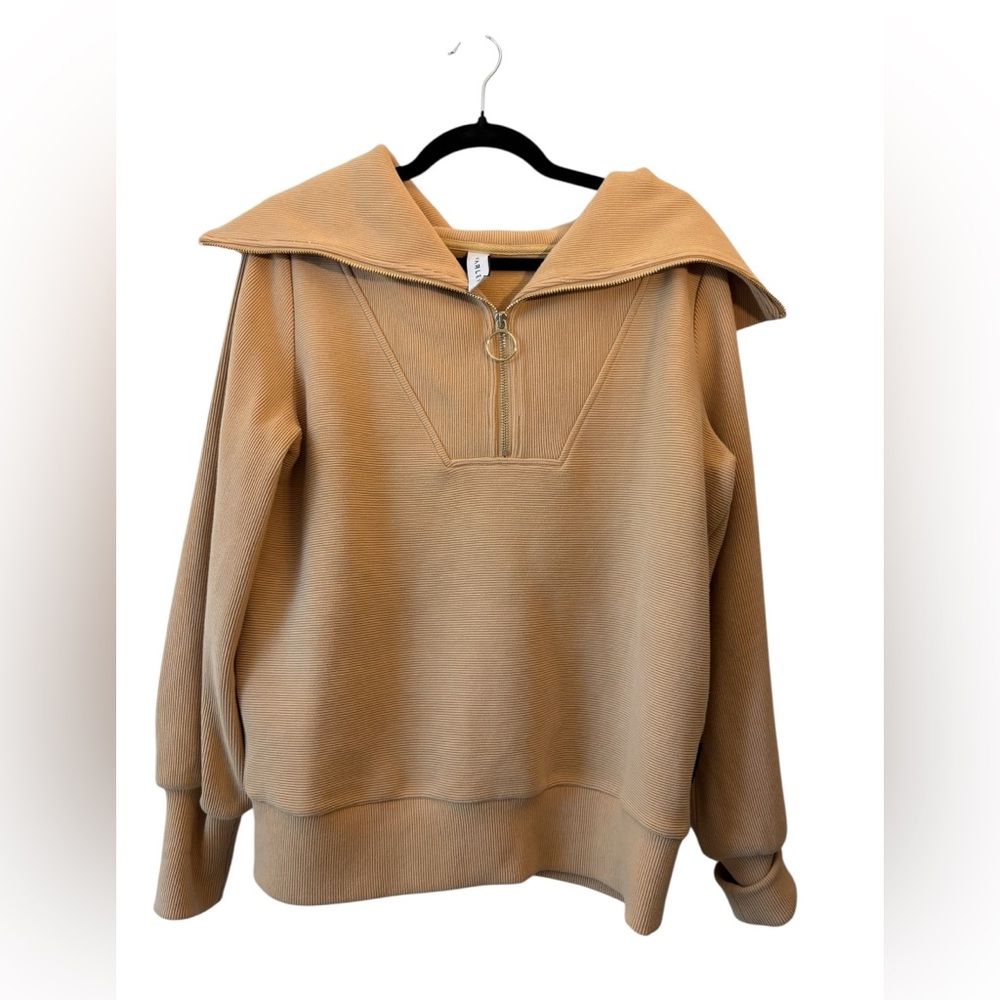 Varley Women's Tan Ribbed Quarter-Zip Cowl Pullover Oversized